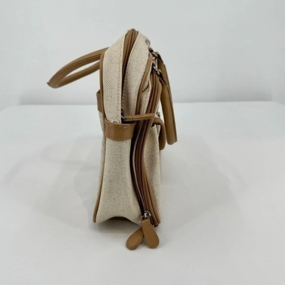 Vintage Faux Canvas Organizer Satchel Bag‎ Tan Cream Multi Pocket Briefcase